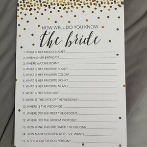 Gold and White Bridal Shower Game Card